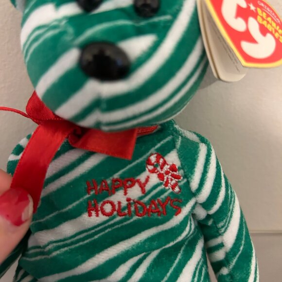 TY BEANIE BABY Striped Green Holiday Teddy With Tags Retired 2007 Plush 9" - Picture 2 of 6